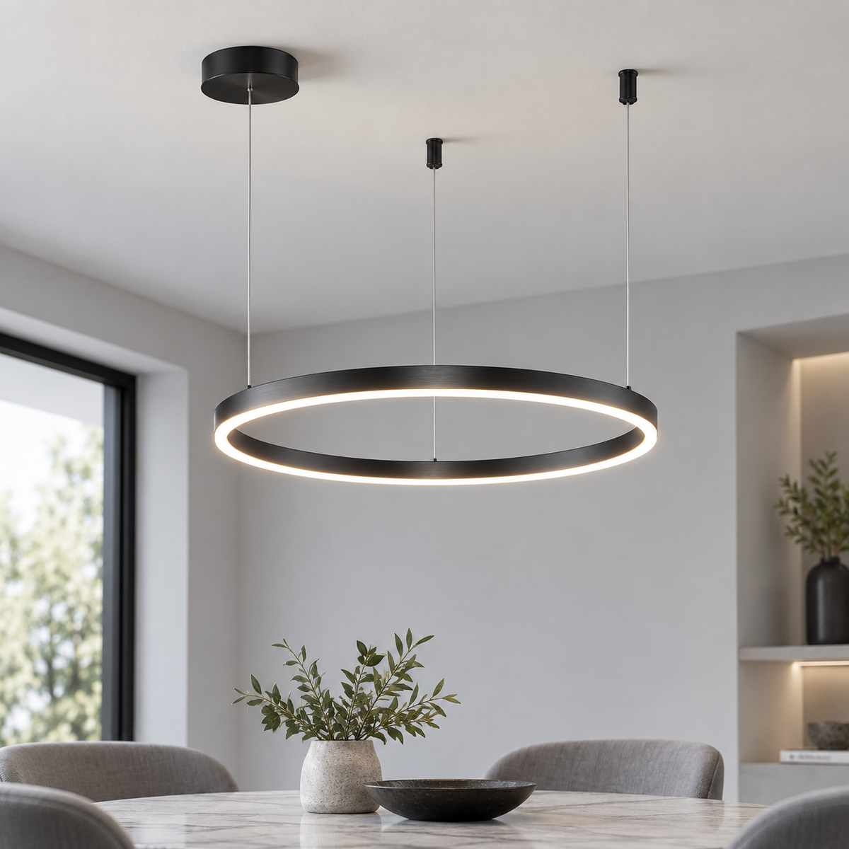 Black single ring LED chandelier, 60 cm diameter, illuminated in a neutral modern dining room
