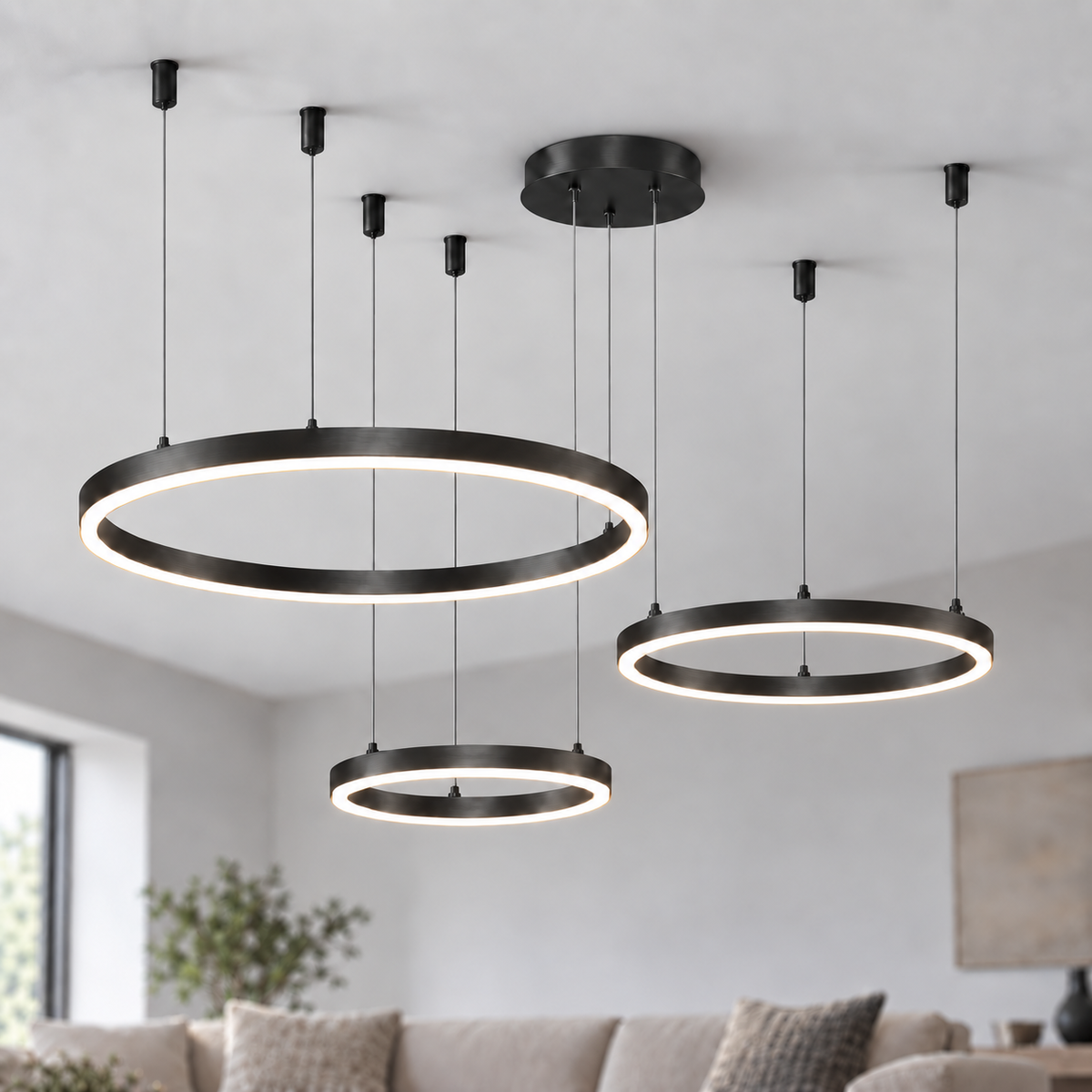 Black suspended LED chandelier with three horizontal rings in 30, 40 and 60 cm diameters.
