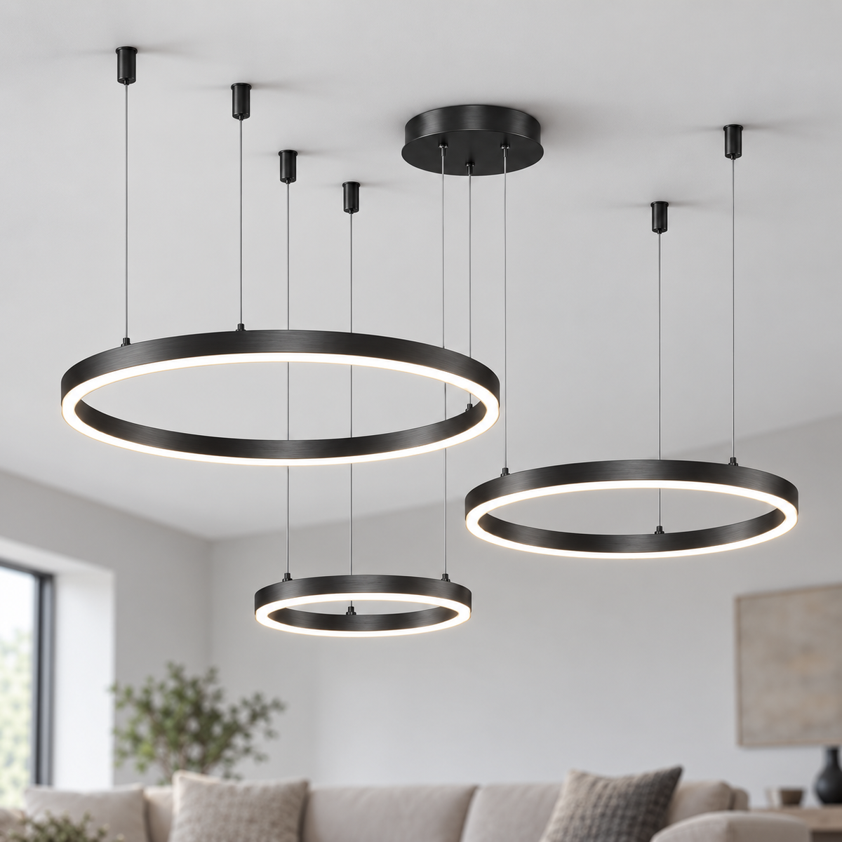Black suspended LED chandelier with three horizontal rings in 40, 60 and 80 cm diameters.