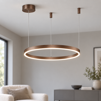 Coffee bronze single ring LED chandelier, 40 cm diameter, illuminated in a neutral modern interior