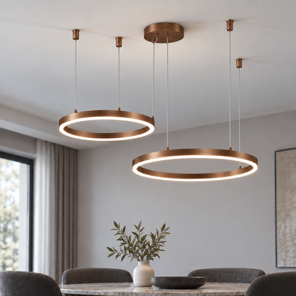 Coffee bronze suspended LED chandelier with two offset horizontal rings, 30 and 40 cm, in a neutral dining room