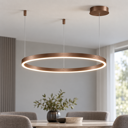Coffee bronze single ring LED chandelier, 60 cm diameter, illuminated over a neutral modern dining setting