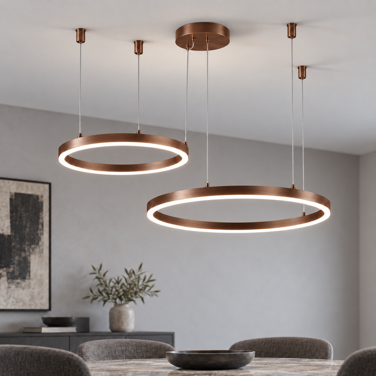 Coffee bronze suspended LED chandelier with two offset horizontal rings, 40 and 60 cm, in a neutral dining room