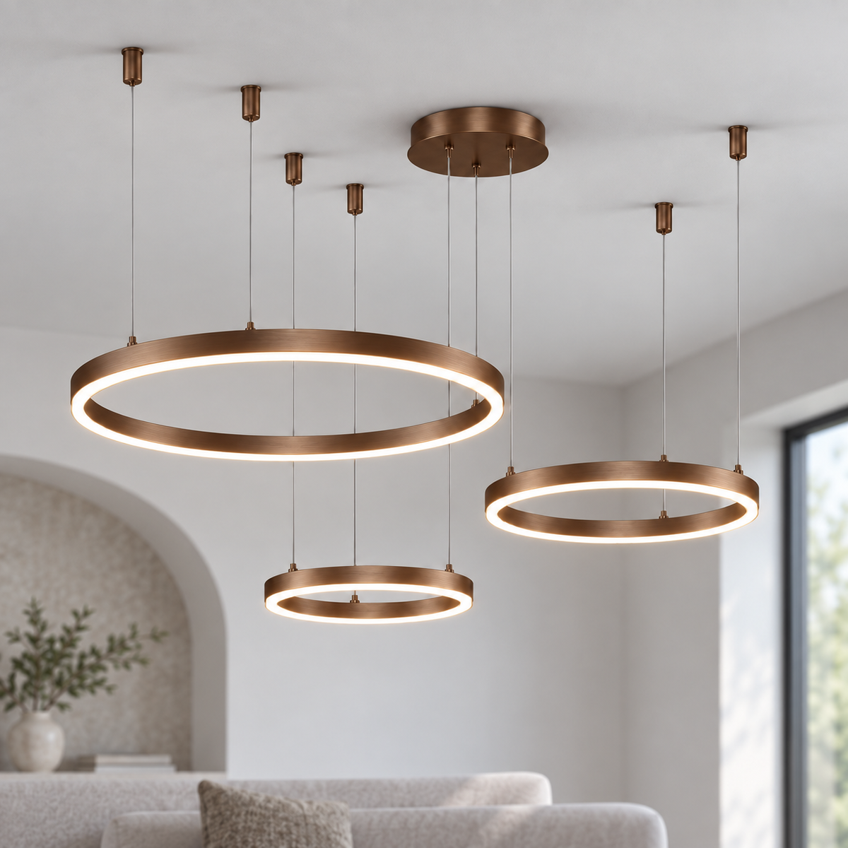 Coffee brown bronze LED chandelier with three horizontal illuminated rings measuring 30, 40 and 60 cm, shown in a neutral modern interior.