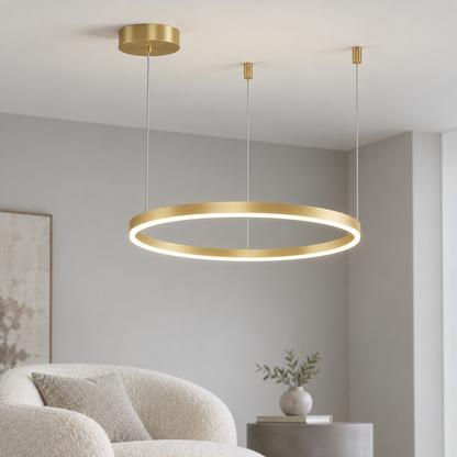 Champagne gold single ring LED chandelier, 40 cm diameter, illuminated in a neutral modern lounge