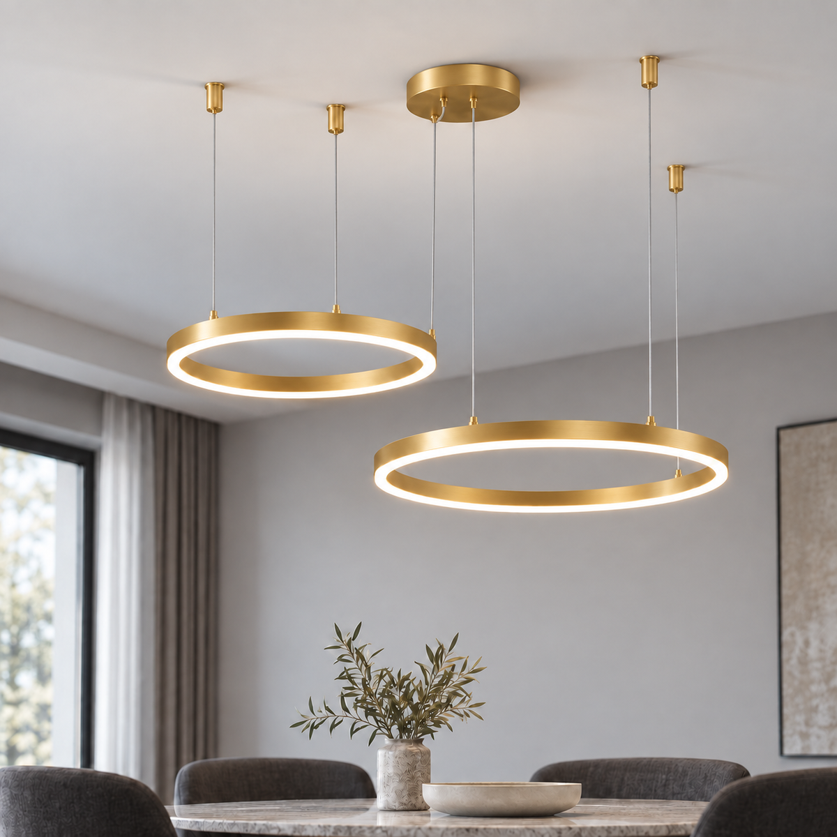 Gold suspended LED chandelier with two offset horizontal rings, 30 and 40 cm, in a neutral dining room