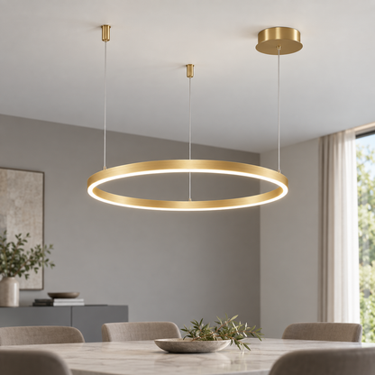Champagne gold single ring LED chandelier, 60 cm diameter, illuminated in a neutral modern dining room
