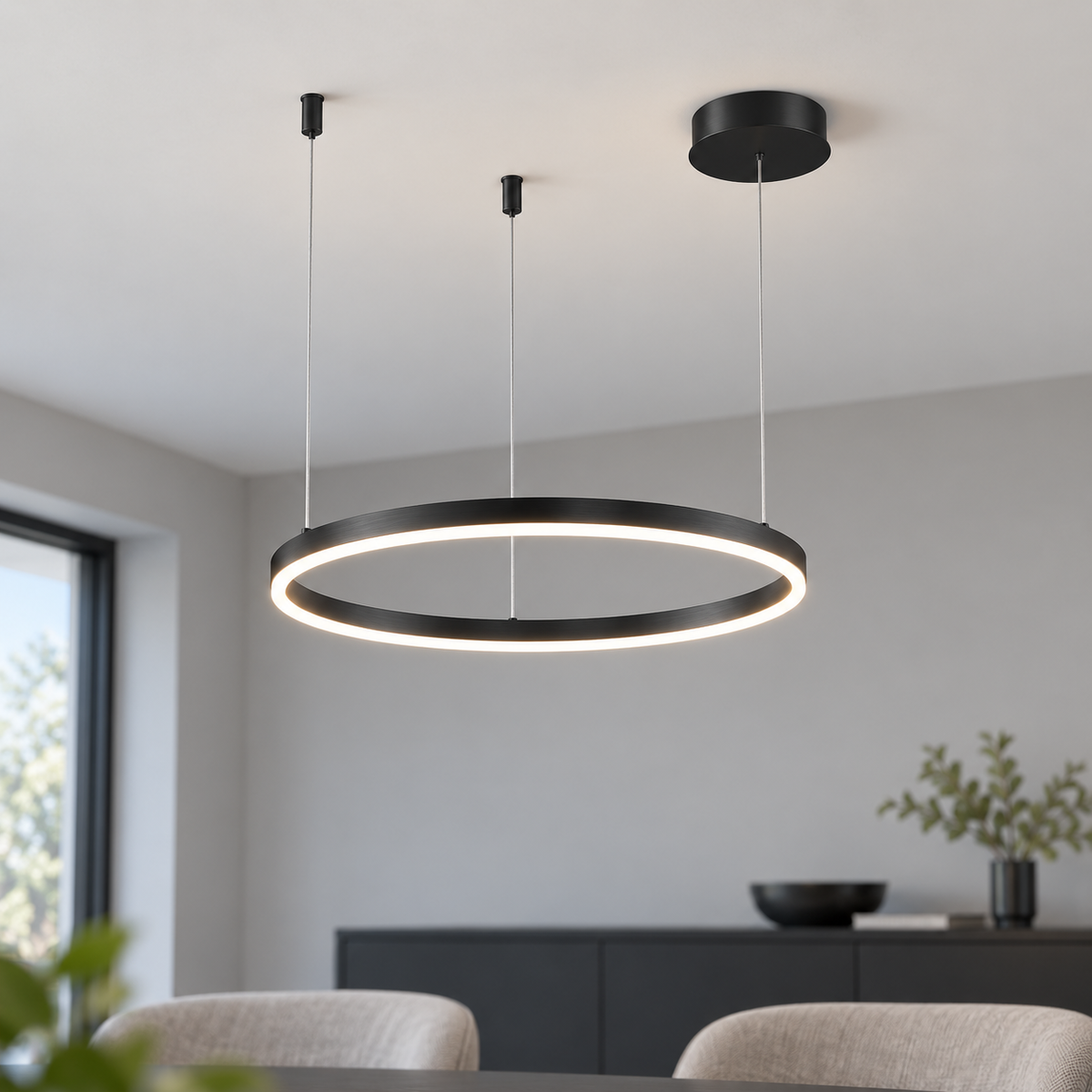 Black single-ring LED chandelier, 40 cm diameter, installed in a neutral modern interior