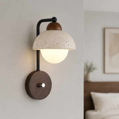 Travertine stone with wood accent wall light
