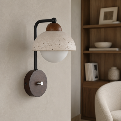 Travertine stone with wood accent wall light