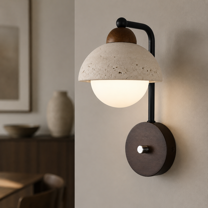 Travertine stone with wood accent wall light