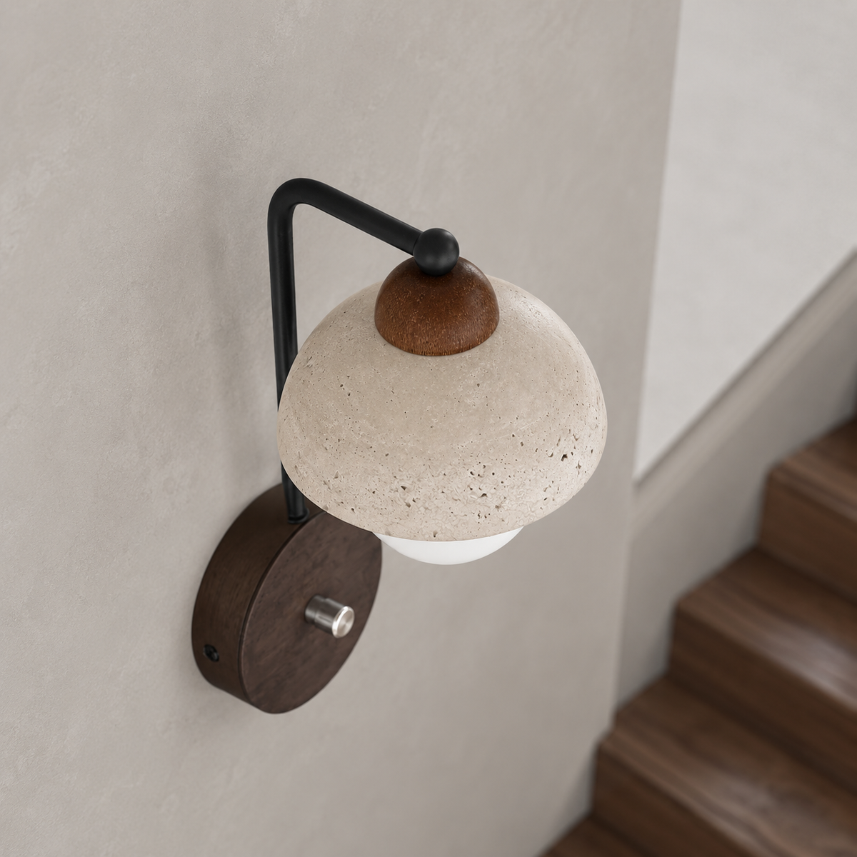 Travertine stone with wood accent wall light