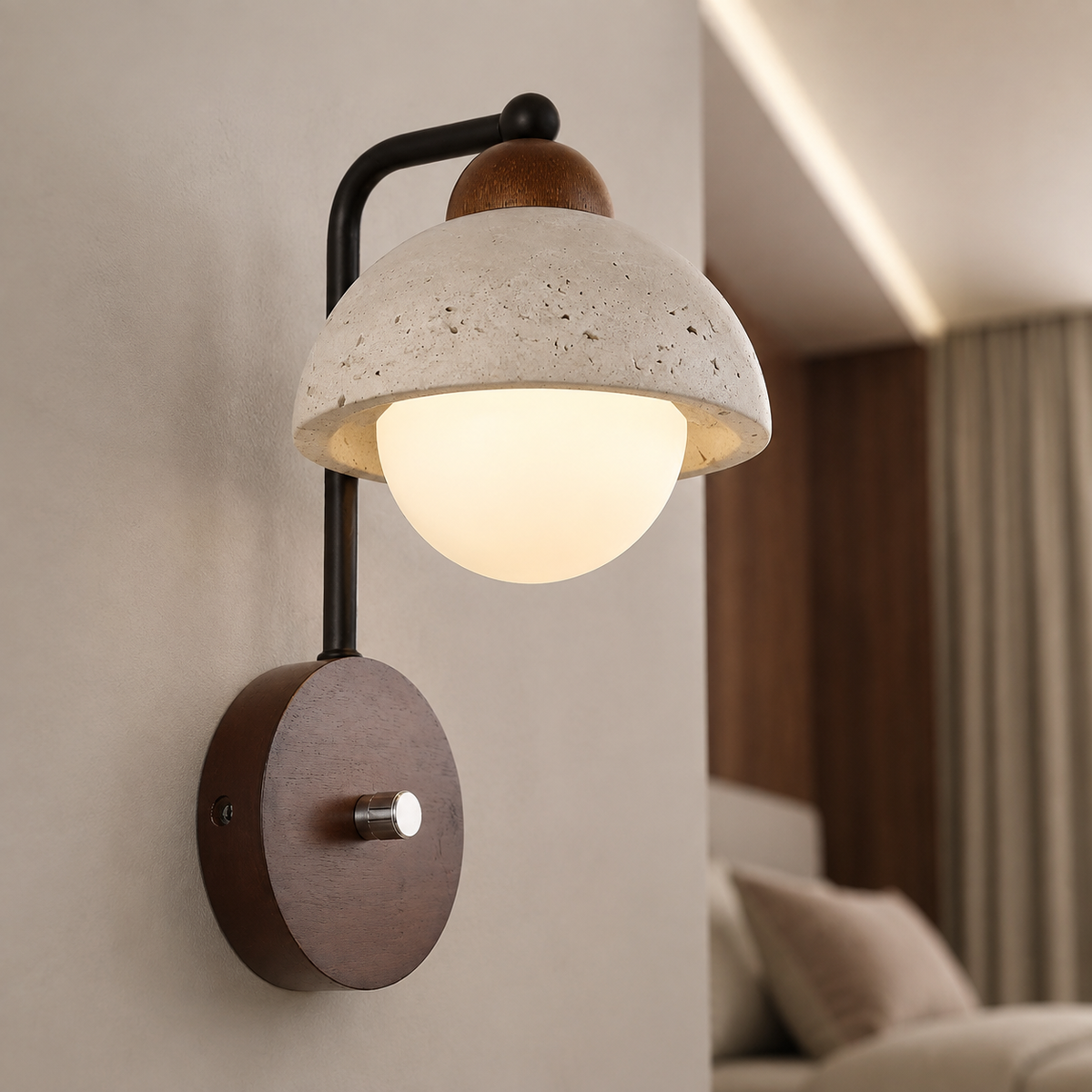 Travertine stone with wood accent wall light