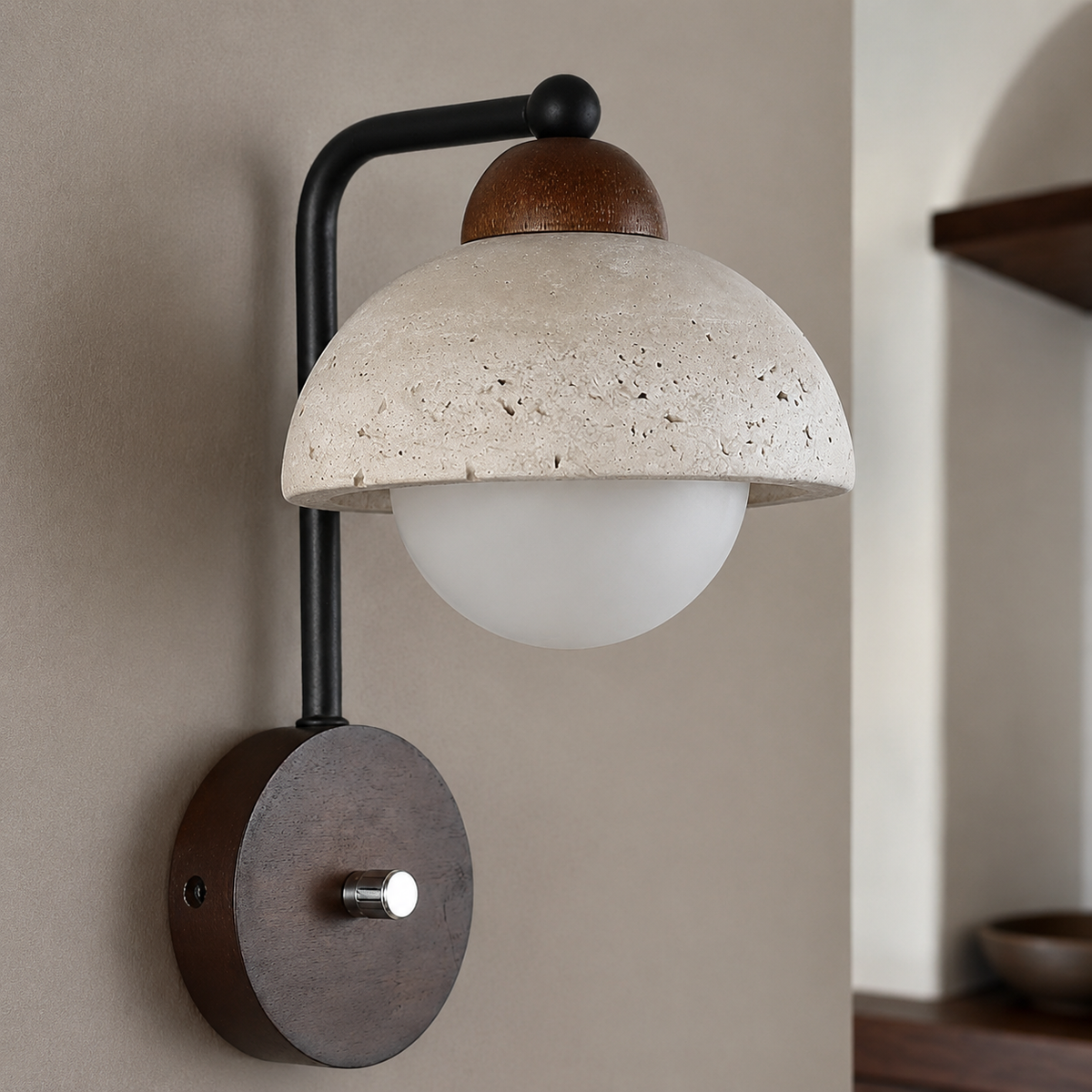 Travertine stone with wood accent wall light