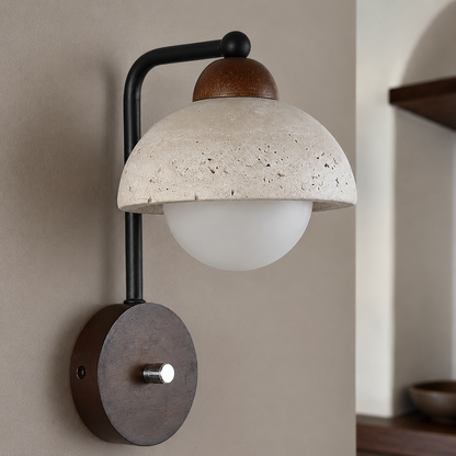 Travertine stone with wood accent wall light