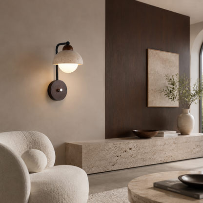 Travertine stone with wood accent wall light