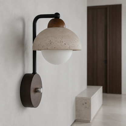 Travertine stone with wood accent wall light