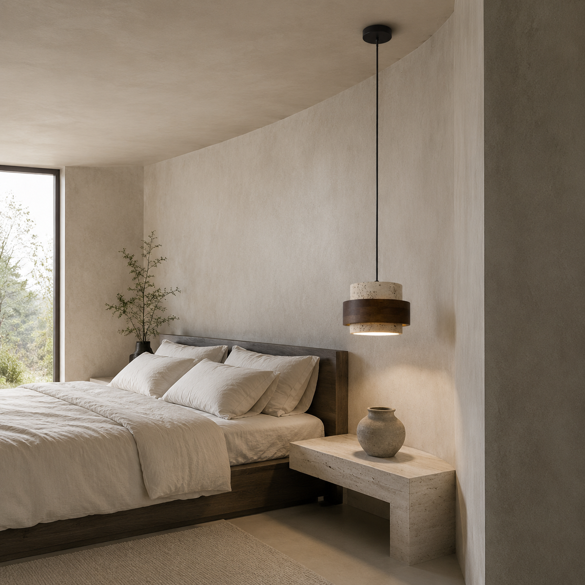 Lampe suspendue en travertin Wabi-sabi conçue pour le chevet du lit