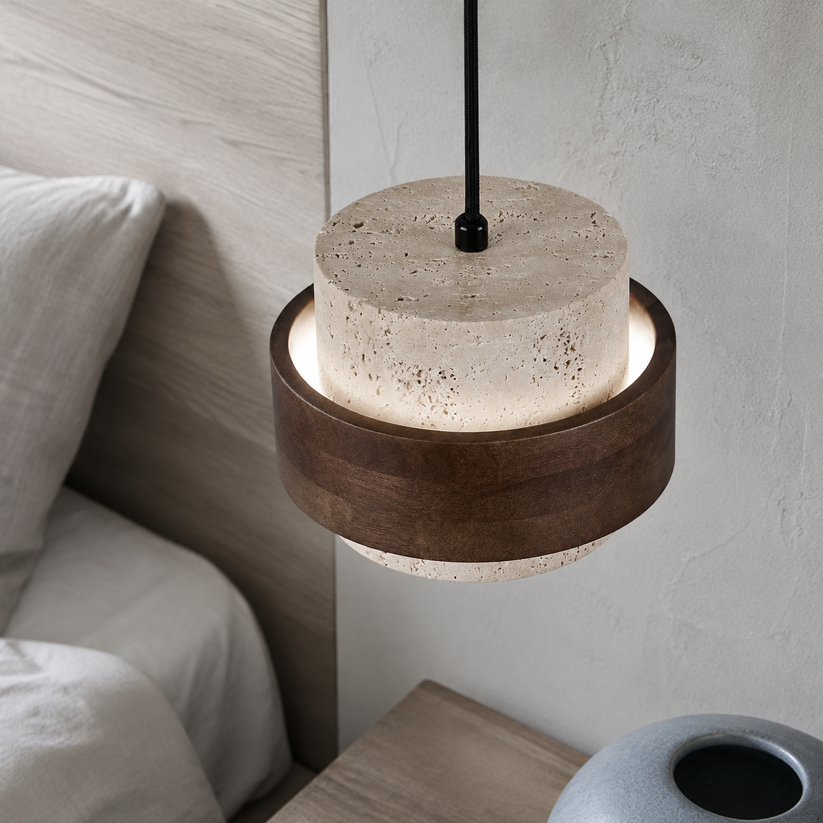 Lampe suspendue en travertin Wabi-sabi conçue pour le chevet du lit