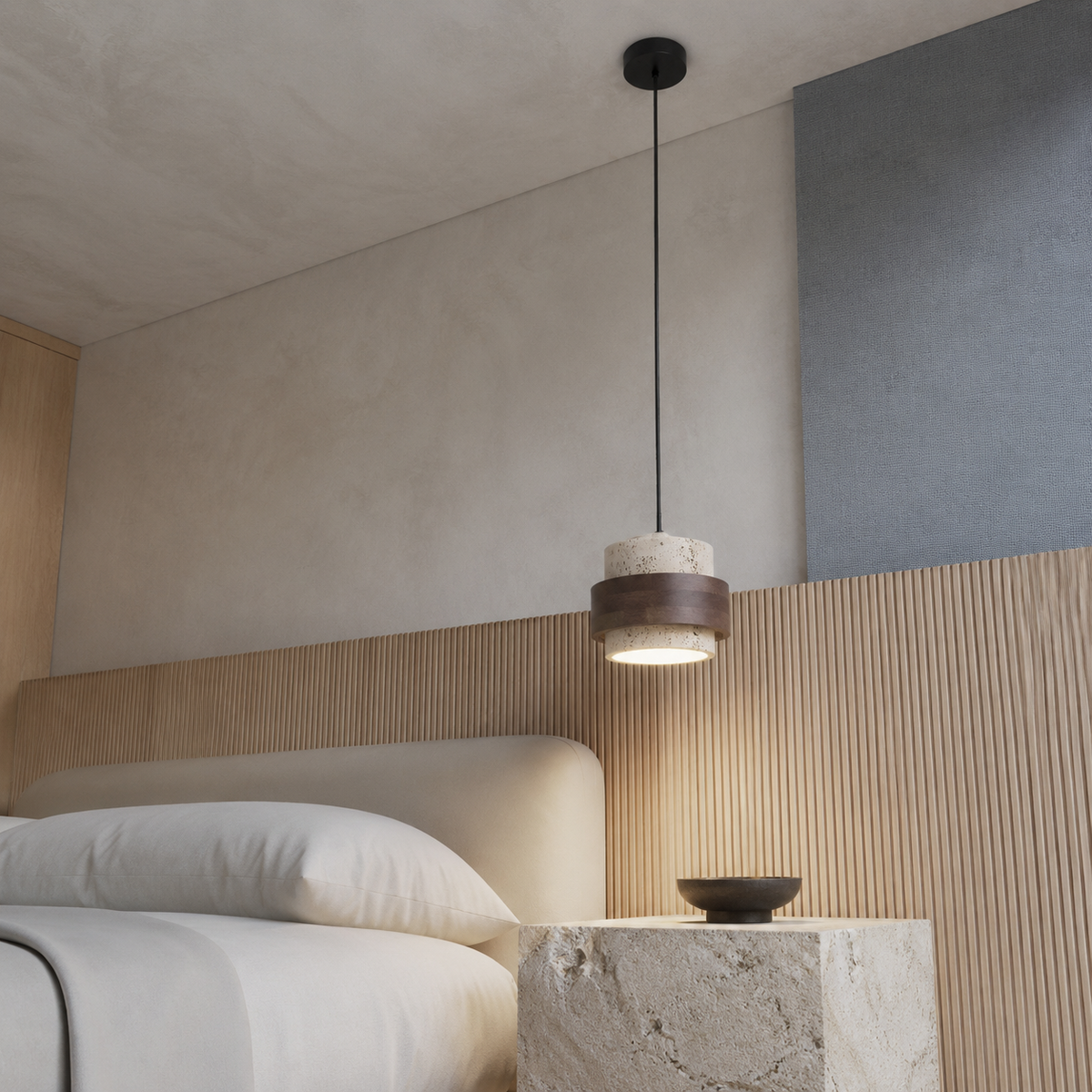 Lampe suspendue en travertin Wabi-sabi conçue pour le chevet du lit