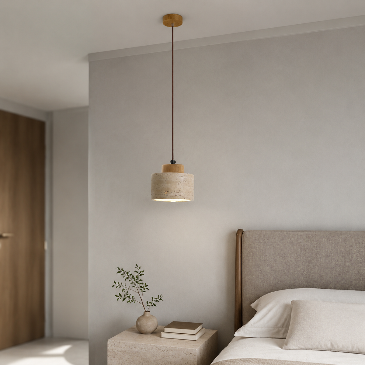 LED Travertine stone pendant light with wooden base
