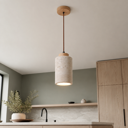 LED Travertine stone pendant light with wooden base