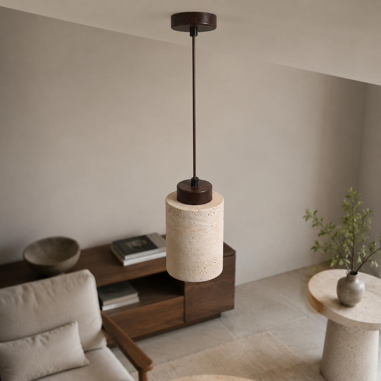 LED Travertine stone pendant light with wooden base