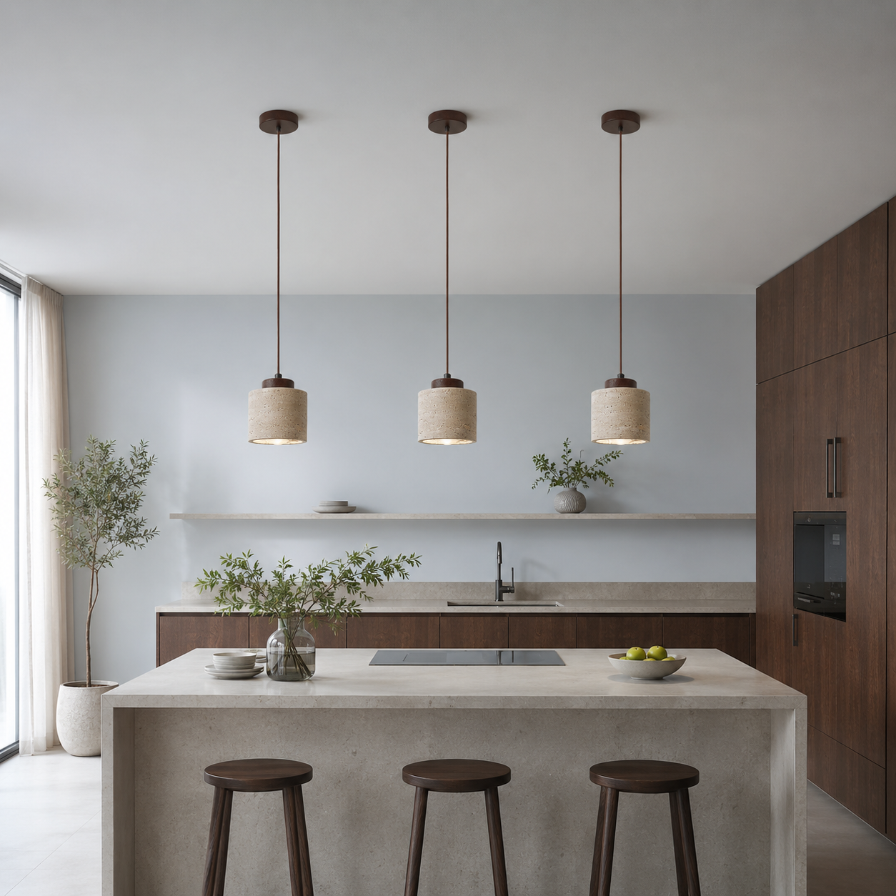 LED Travertine stone pendant light with wooden base