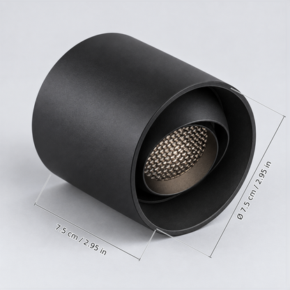 Black adjustable downlight 6w with dimension lines in centimetres and inches: Body height 7.5 cm / 2.95 in; Body diameter Ø 7.5 cm / 2.95 in.
