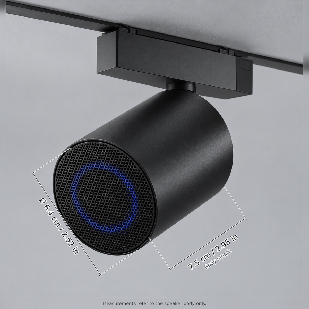 Black bluetooth speaker with dimension lines in centimetres and inches: Speaker diameter Ø 6.4 cm / 2.52 in; Body length 7.5 cm / 2.95 in.