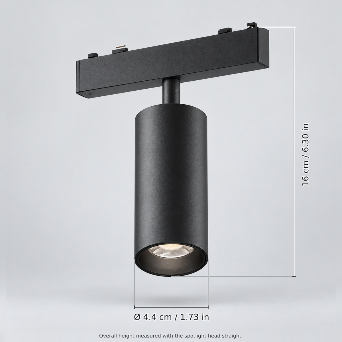 Black diameter 4.4 cm (spotlight 9w) with dimension lines in centimetres and inches: Overall height (head straight) 16 cm / 6.30 in; Head diameter Ø 4.4 cm / 1.73 in.