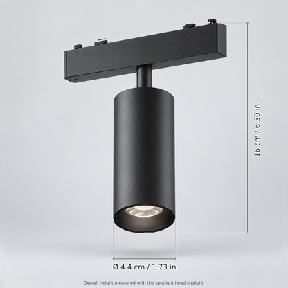 Black diameter 4.4 cm (spotlight 9w) with dimension lines in centimetres and inches: Overall height (head straight) 16 cm / 6.30 in; Head diameter Ø 4.4 cm / 1.73 in.