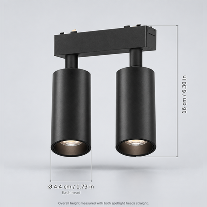 Black double spotlight 18w with dimension lines in centimetres and inches: Overall height (heads straight) 16 cm / 6.30 in; Each head Ø 4.4 cm / 1.73 in.
