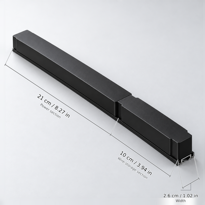 Black driver 100w, 220v with dimension lines in centimetres and inches: Power section 21 cm / 8.27 in; Wire-storage section 10 cm / 3.94 in; Width 2.6 cm / 1.02 in.