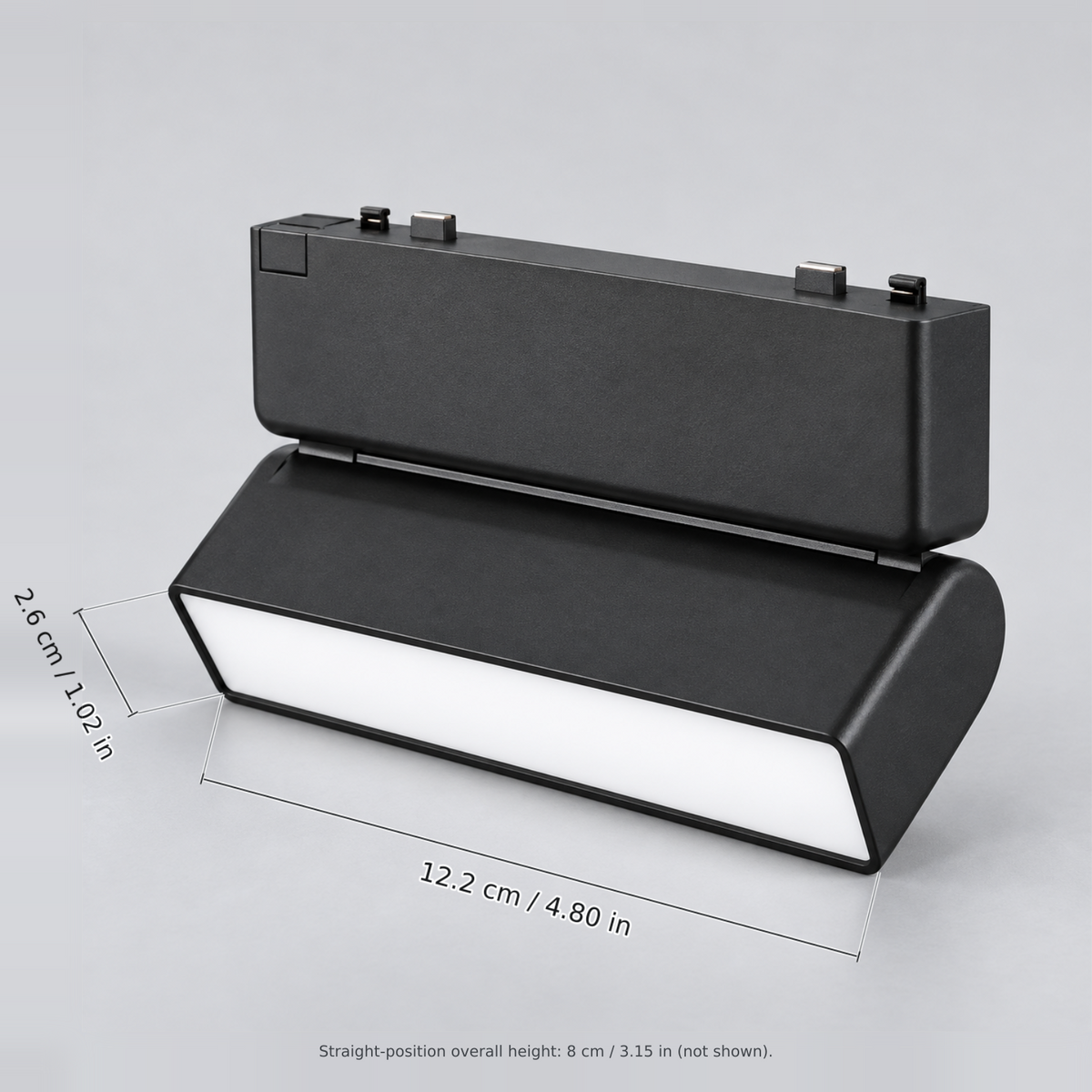 Black folding floodlight 5w with dimension lines in centimetres and inches: Module width 12.2 cm / 4.80 in; Body depth 2.6 cm / 1.02 in.