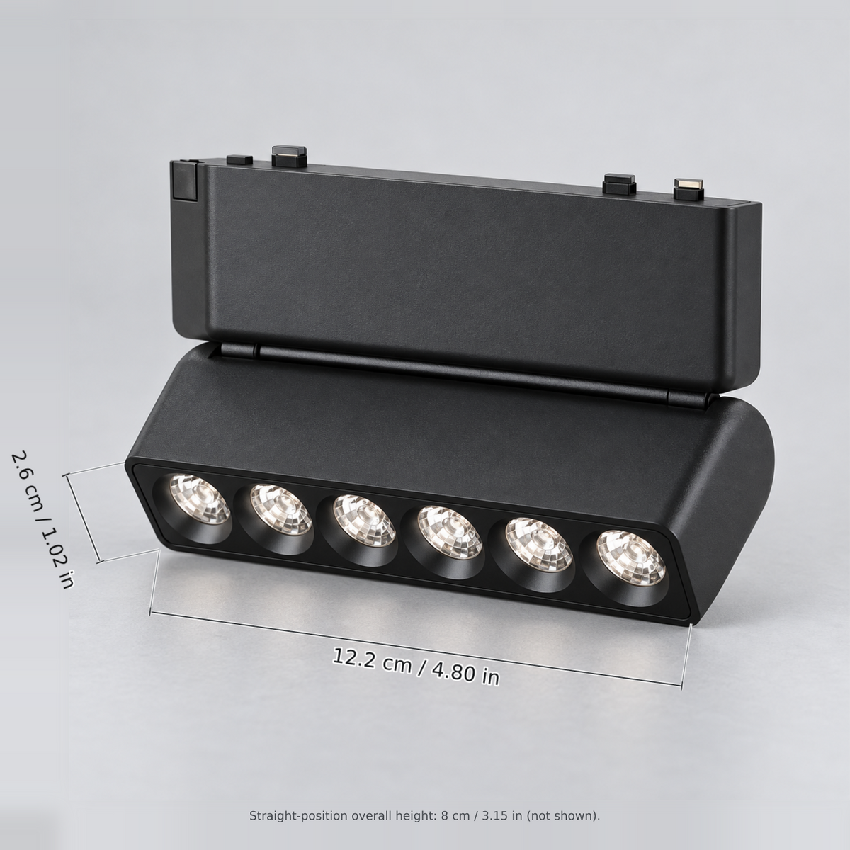Black folding grille 6w with dimension lines in centimetres and inches: Module width 12.2 cm / 4.80 in; Body depth 2.6 cm / 1.02 in.