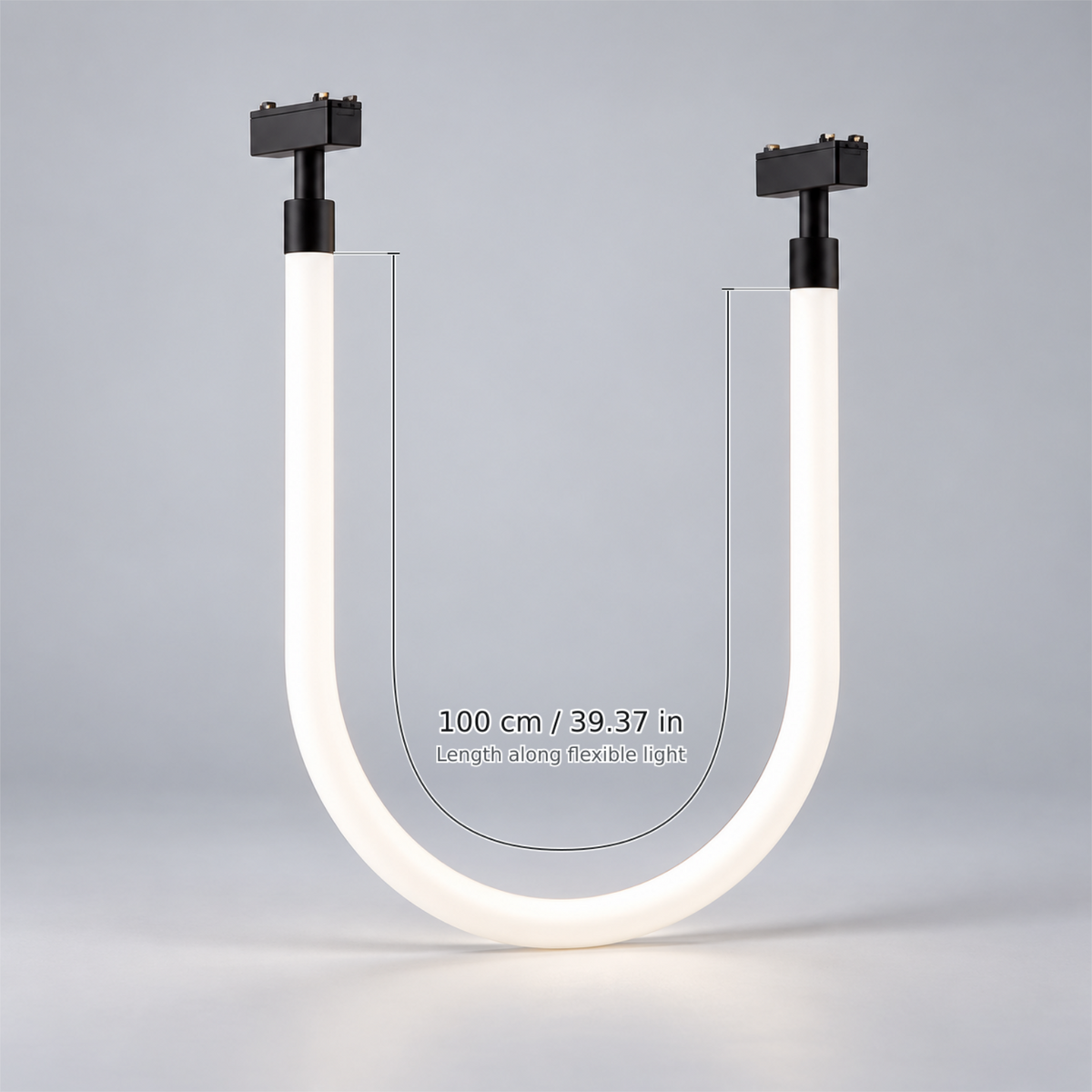 Black length 100 cm (flexible light) with dimension lines in centimetres and inches: Length along flexible light 100 cm / 39.37 in.