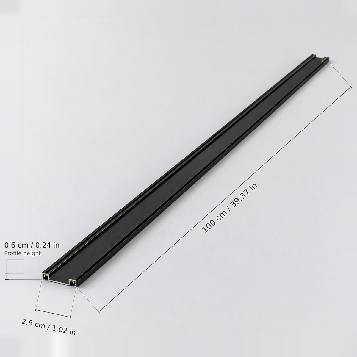Black length 100 cm (surface rail) with dimension lines in centimetres and inches: Length 100 cm / 39.37 in; Width 2.6 cm / 1.02 in; Profile height 0.6 cm / 0.24 in.