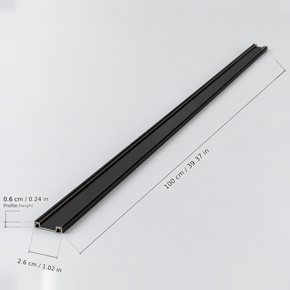 Black length 100 cm (surface rail) with dimension lines in centimetres and inches: Length 100 cm / 39.37 in; Width 2.6 cm / 1.02 in; Profile height 0.6 cm / 0.24 in.