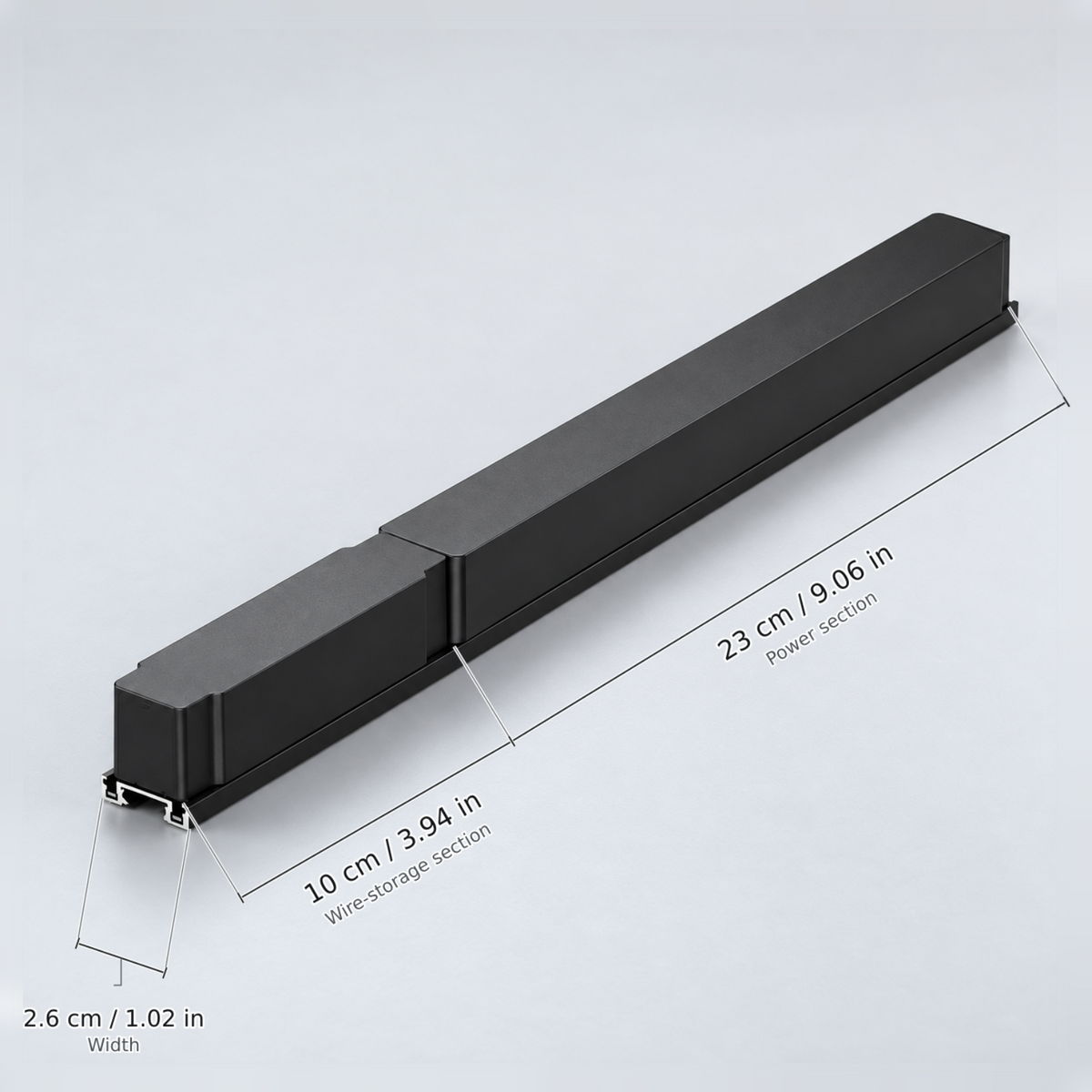 Black length 33 cm (driver 150w, 110v) with dimension lines in centimetres and inches: Wire-storage section 10 cm / 3.94 in; Power section 23 cm / 9.06 in; Width 2.6 cm / 1.02 in.