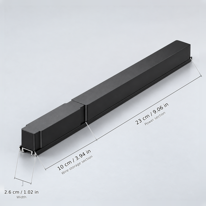 Black length 33 cm (driver 150w, 110v) with dimension lines in centimetres and inches: Wire-storage section 10 cm / 3.94 in; Power section 23 cm / 9.06 in; Width 2.6 cm / 1.02 in.
