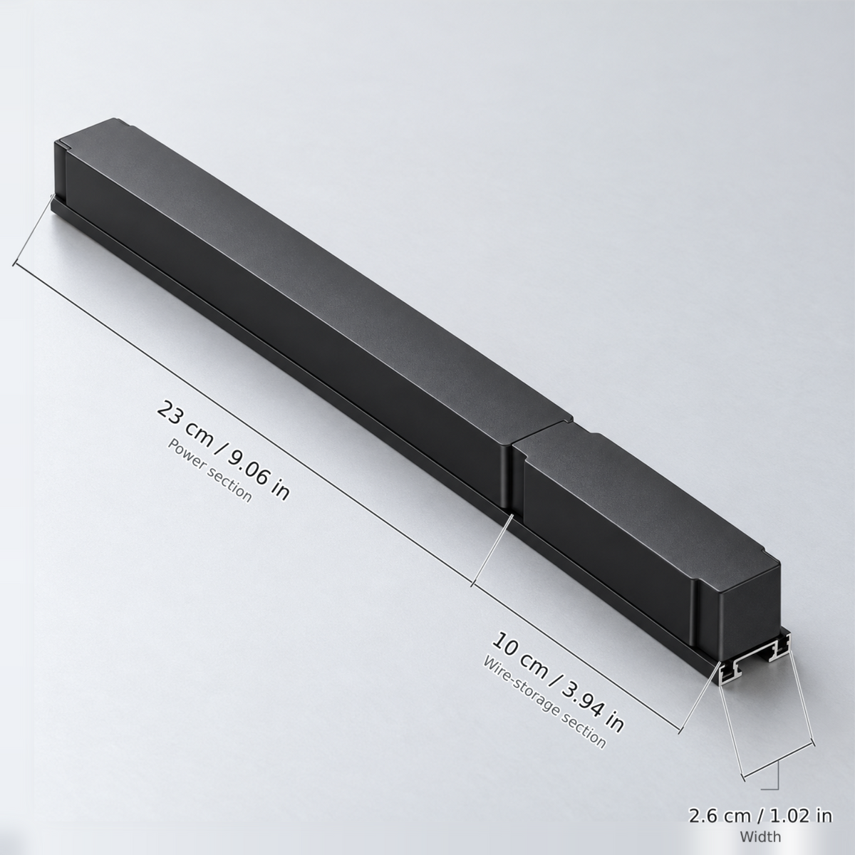Black length 33 cm (driver 200w, 220v) with dimension lines in centimetres and inches: Power section 23 cm / 9.06 in; Wire-storage section 10 cm / 3.94 in; Width 2.6 cm / 1.02 in.