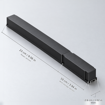 Black length 33 cm (driver 200w, 220v) with dimension lines in centimetres and inches: Power section 23 cm / 9.06 in; Wire-storage section 10 cm / 3.94 in; Width 2.6 cm / 1.02 in.