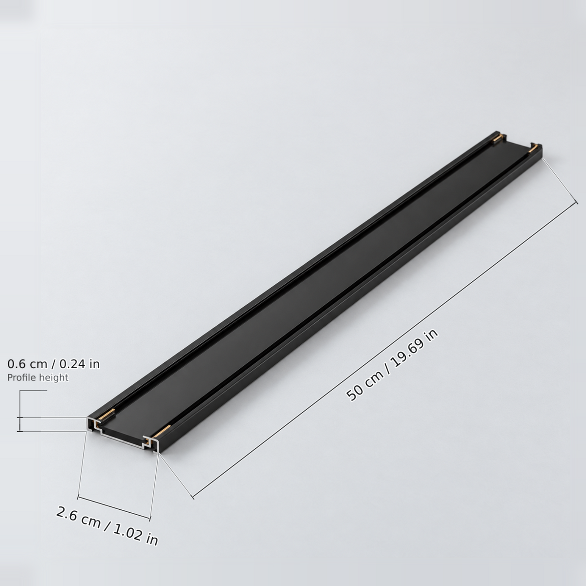 Black length 50 cm (surface rail) with dimension lines in centimetres and inches: Length 50 cm / 19.69 in; Width 2.6 cm / 1.02 in; Profile height 0.6 cm / 0.24 in.