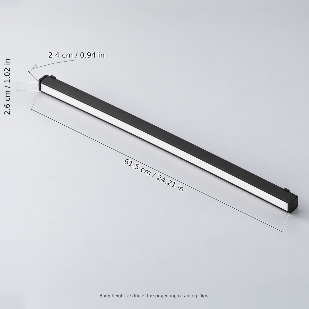 Black linear floodlight 20w with dimension lines in centimetres and inches: Length 61.5 cm / 24.21 in; Width 2.6 cm / 1.02 in; Body height 2.4 cm / 0.94 in.