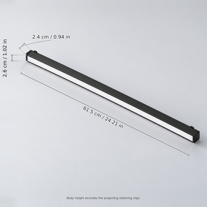 Black linear floodlight 20w with dimension lines in centimetres and inches: Length 61.5 cm / 24.21 in; Width 2.6 cm / 1.02 in; Body height 2.4 cm / 0.94 in.