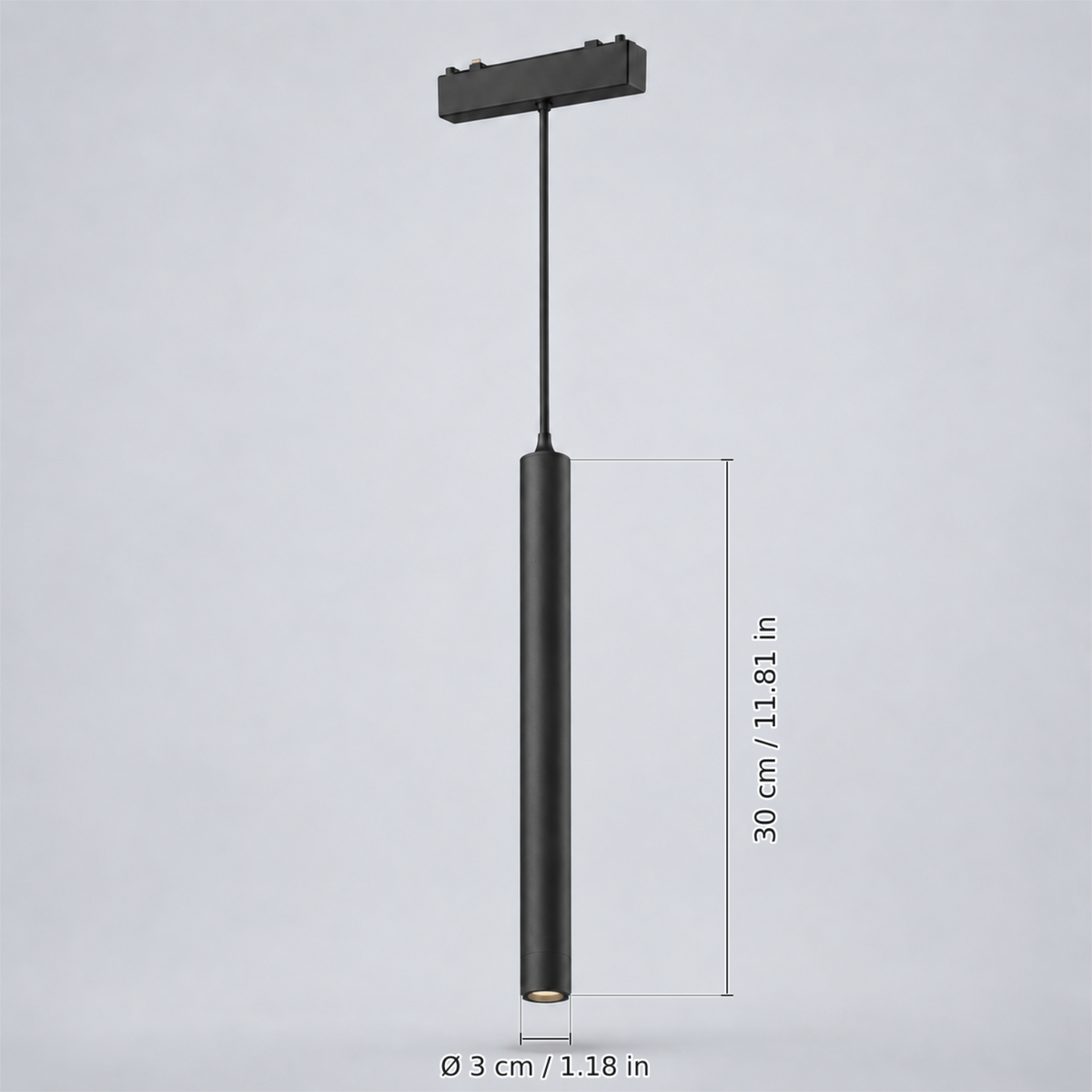Black long pendant 6w with dimension lines in centimetres and inches: Cylinder height 30 cm / 11.81 in; Cylinder diameter Ø 3 cm / 1.18 in.