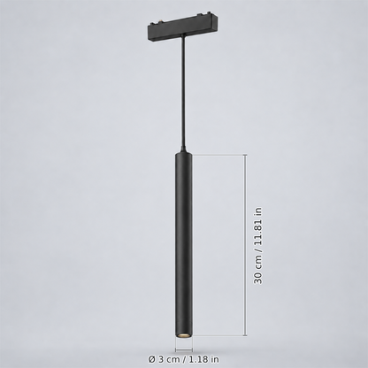 Black long pendant 6w with dimension lines in centimetres and inches: Cylinder height 30 cm / 11.81 in; Cylinder diameter Ø 3 cm / 1.18 in.