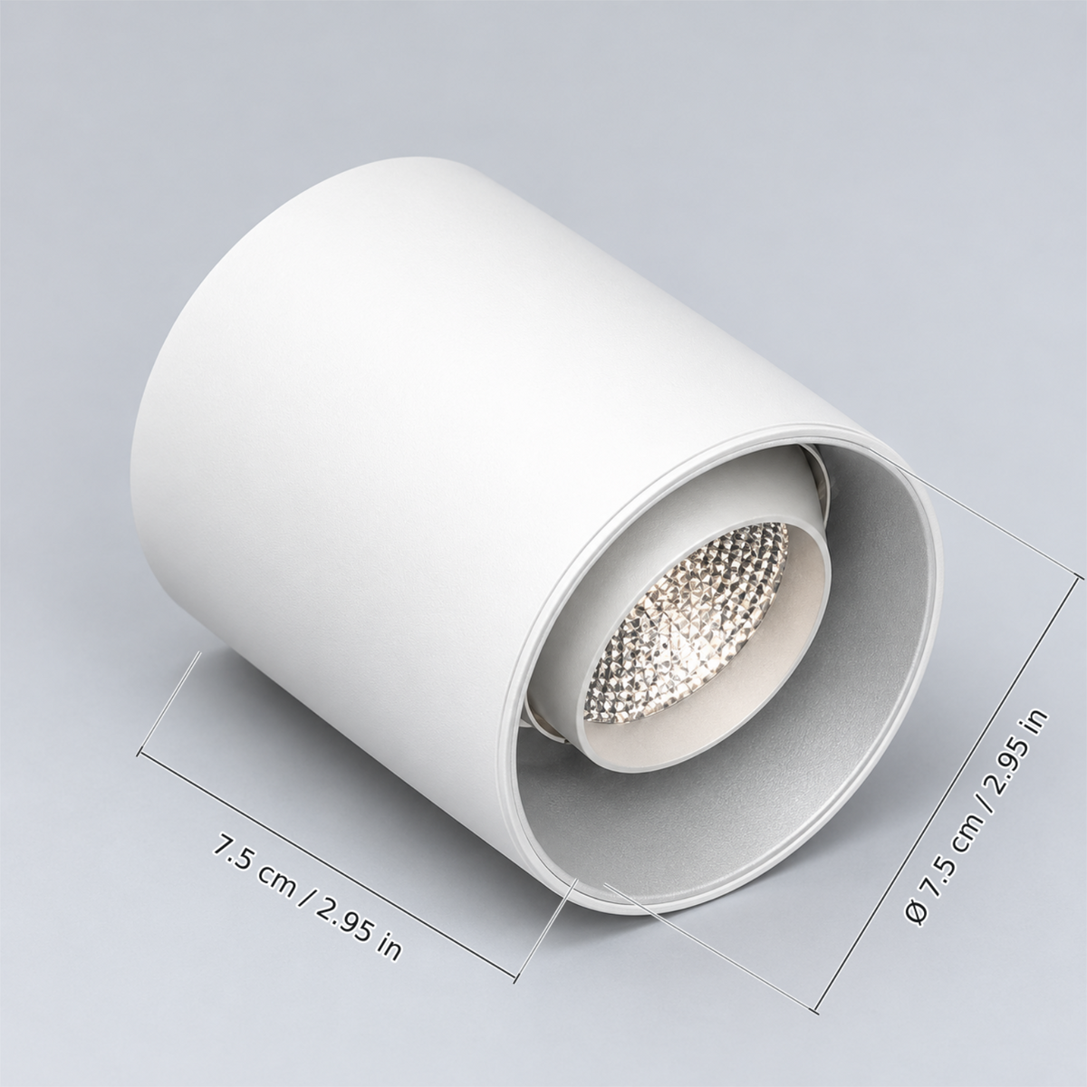 White adjustable downlight 6w with dimension lines in centimetres and inches: Body height 7.5 cm / 2.95 in; Body diameter Ø 7.5 cm / 2.95 in.