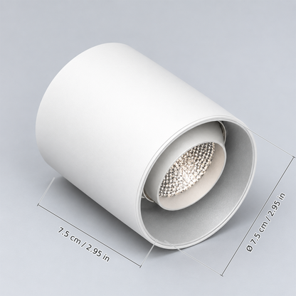 White adjustable downlight 6w with dimension lines in centimetres and inches: Body height 7.5 cm / 2.95 in; Body diameter Ø 7.5 cm / 2.95 in.